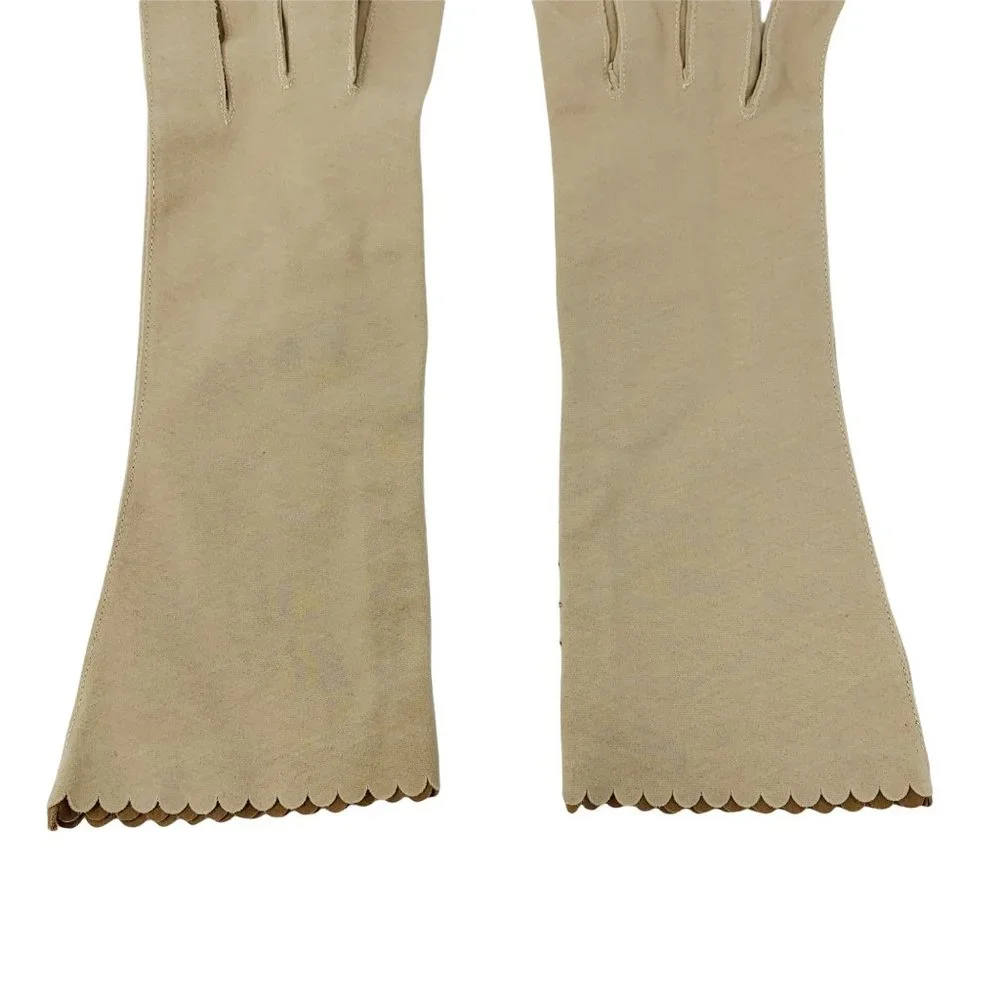 Vintage 1950s Tan & Brown Scalloped Gloves 3 Quarter Length